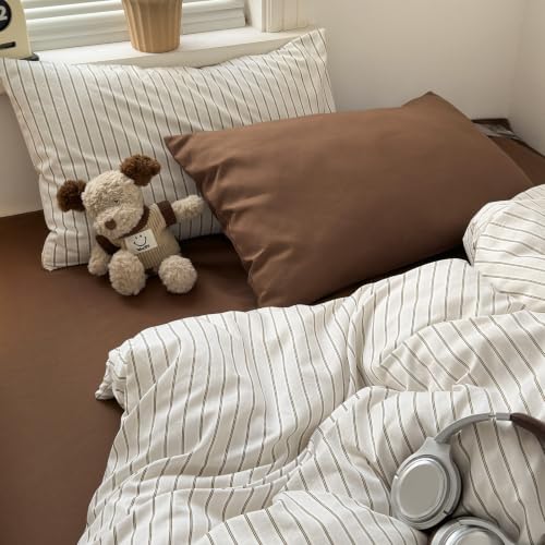 Image of MKXI Twin XL Size Beige Brown Striped Duvet Cover Set - 3 Piece Vintage Aesthetic Bedding, Lightweight Breathable Comforter Cover, Washed Cotton Feel Neutral Bedroom Decor with Zipper Closure