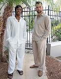COOFANDY Herren 2-teiliges Leinen-Set, lässig, langärmelig, Button-Down-kubanisches Hemd und lockere Hose, Strandurlaub-Outfits, Khaki, Large