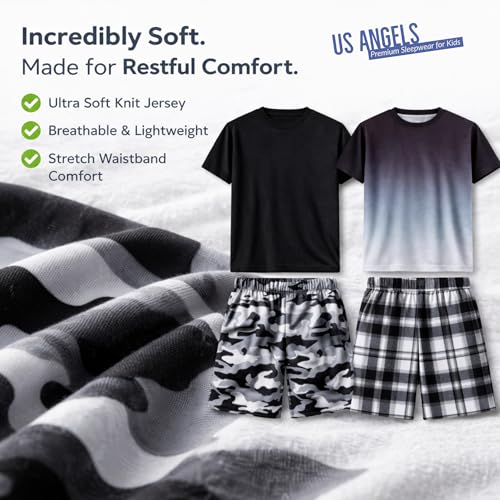 Image of US Angels Pajamas Set for Boys, 4-Piece Set, Short Sleeve Shirt with Pajama Shorts