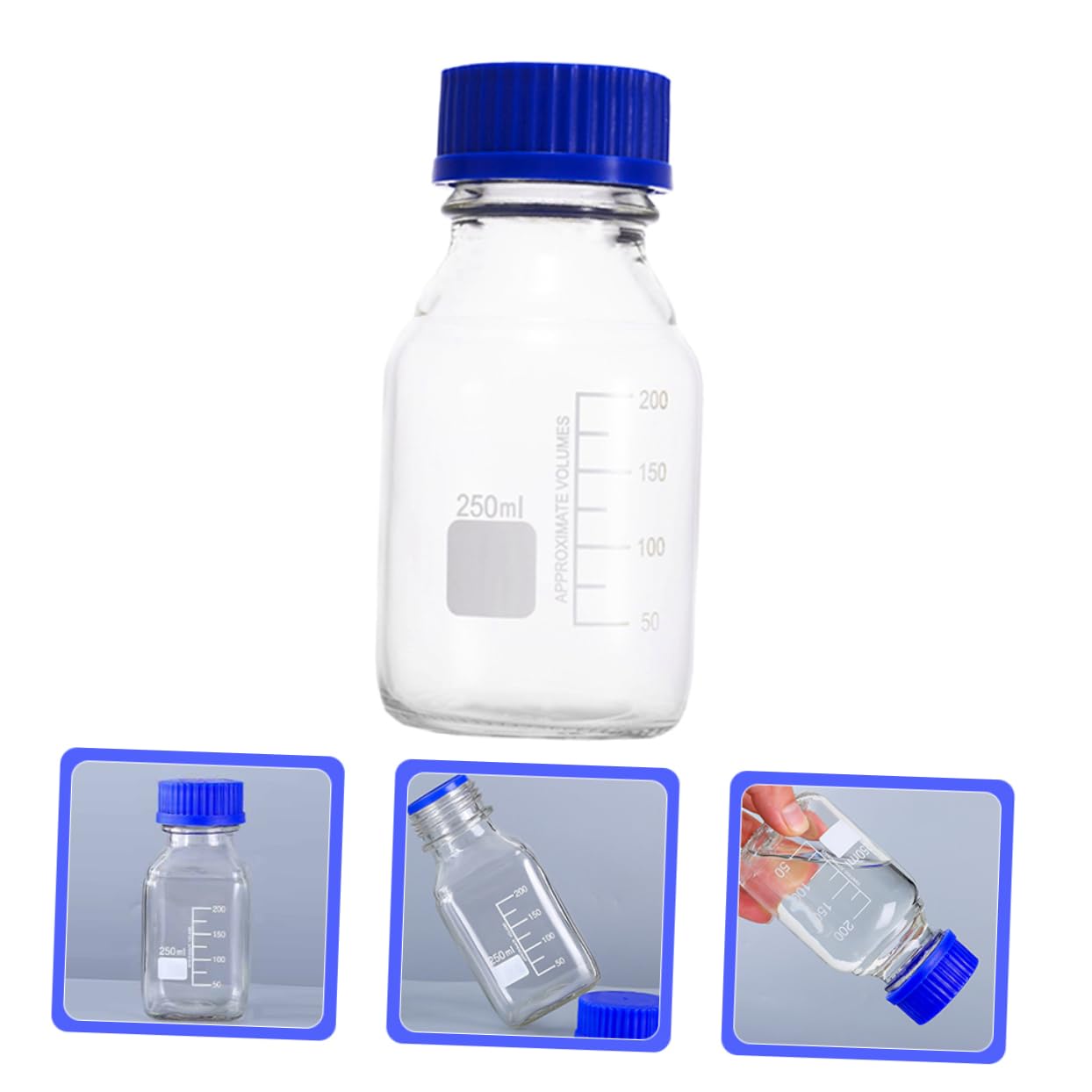 FUNOMOCYA Media Storage Bottles 250ml Glass Reagent Bottles Graduation Lines Blue Cap
