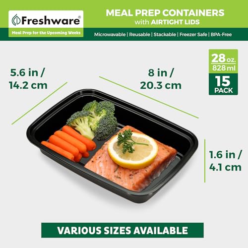 Image of Freshware Meal Prep Containers [15 Pack] 1 Compartment Food Storage Containers with Lids, Bento Box, BPA Free, Stackable, Microwave /Dishwasher /Freezer Safe (28 oz) Black