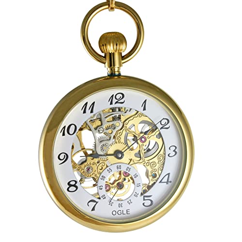 Image of OGLE 3ATM Waterproof Large Size Classic Skeleton Vintage Stainless Steel Case Fob Manual Winding Hand Wind Manual Mechanical Pocket Watch with Stainless Steel Chain