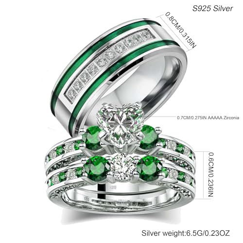 Couple Rings White Gold Plated 925 Sterling Silver Ring Green 1CT Heart CZ Women Wedding Ring Sets Men Titanium Steel Ring2