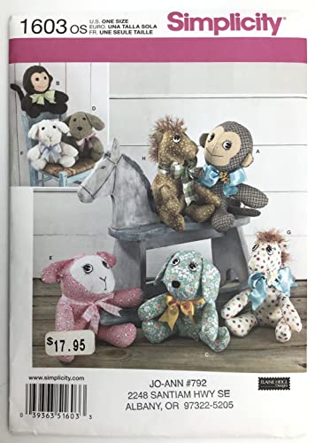 Simplicity 1603 Plush Stuffed Animal Toy Sewing Patterns, One Size