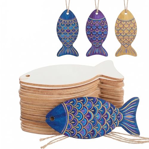 Veemoon Unfertiges Fisch Ornament Holz Mit Hanfseile 32 StüCk Rohlinge Holz Basteln Naturholz FischanhäNger Basteln Diy Scrapbooking HolzspäNe for AufhäNgen Party-Dekoration