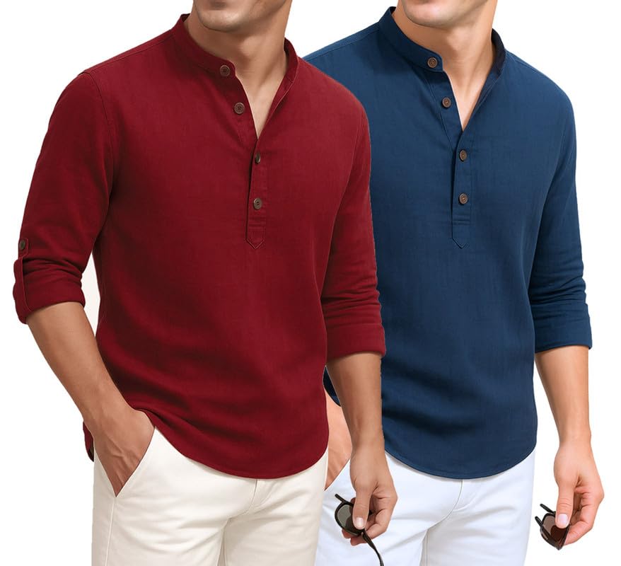 Image of DEELMO Combo of Men's Cotton Blend Solid Regular Fit Full Sleeve Short Kurta | Men's Trendy Short Kurta Pack of 2