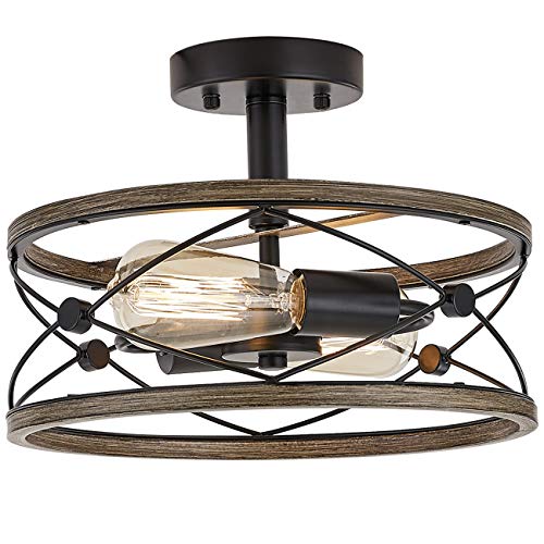 Black Friday - 60% OFF Fansose Flush Mount Ceiling Light 2*E26 Farmhouse Light Fixture Diameter 12.6"with Wooden Cage and Matte Black Base Kitchen Ceiling Light for Kitchen Living Room Dining Room Bedroom Hallway.