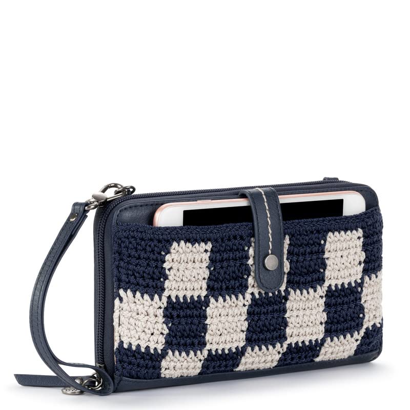 The Sak Iris Large Smartphone Crossbody Bag in Crochet and Faux Leather, Convertible Wristlet Purse Design, Denim Check4