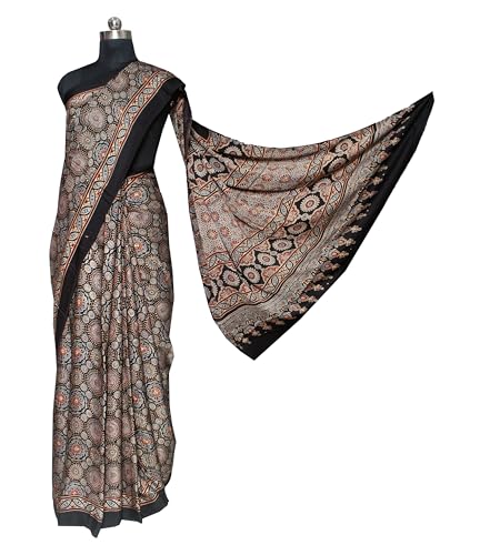 Image of Ethnics of Kutch Womenss Ajrakh Modal Silk Natural Dye Hand Block Print Saree with Blouse Piece - 5.5 Mtr Length