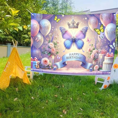Image of Happy Birthday Banner for Women Girl | Butterfly Floral Theme Backdrop 71x43.3 inch polyester fabric; reusable; ideal photo decor for girls & women birthday parties