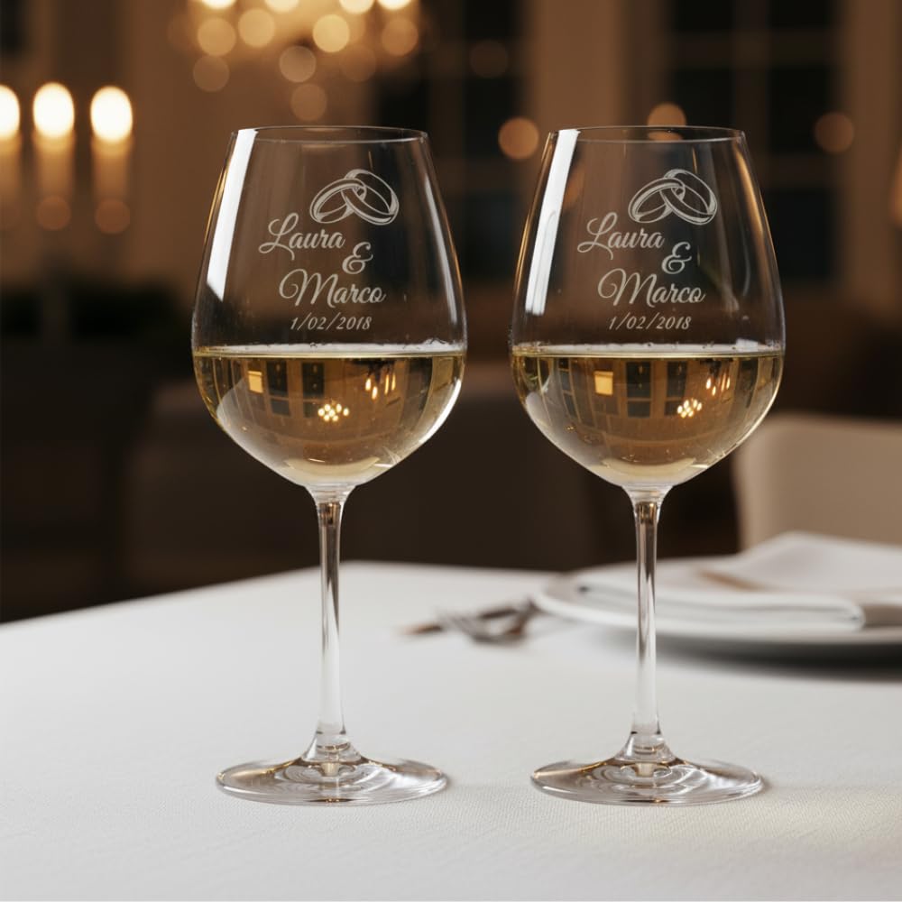 Lasertricks - Calici da vino con Scatola legno - Personalizzati con Nomi – Idea Regalo San Valentino, Anniversario o Matrimonio – Bicchieri da Vino – Personalizzabili