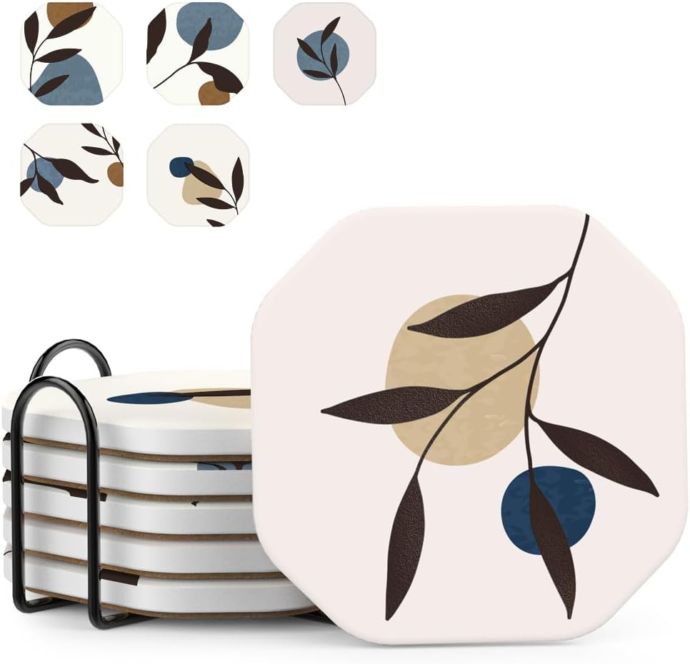 UMIRRO Boho Cup Coasters for Wooden Coffee Table, Modern Stone Coasters for Drinks with Holder for Tabletop Protection, Absorbent Non-stick Ceramic Mat, Cute Assorted Design, 4", Set of 6