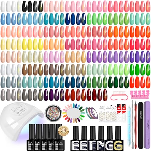 PHOENIXY Kit Uñas Semipermanentes, 54 Colores Esmaltes Semipermanentes para Uñas con Lampara Uñas Semipermanentes de 48W, Rosa Morado Verde Azul Esmalte Semipermanente, Adecuado para Principiantes