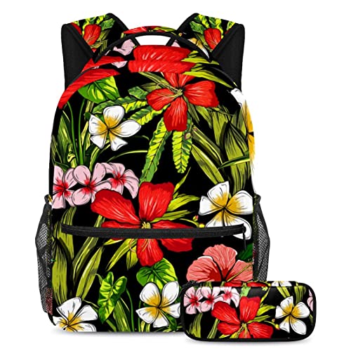 Sac à dos à fleurs tropicales avec trousse scolaire pour enfant et ado