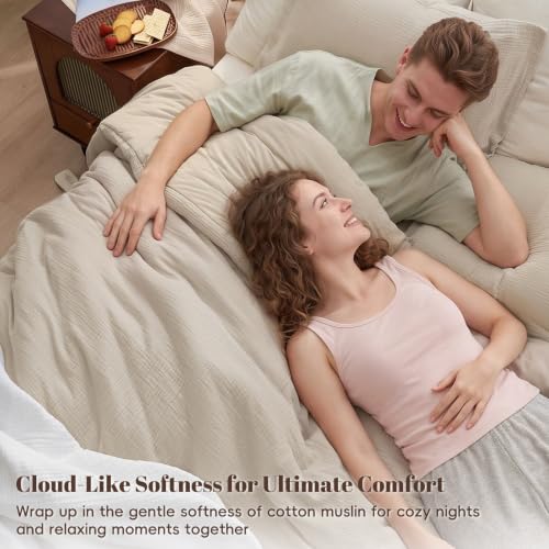Image of PHF Cotton Muslin Comforter Set King, Ultra Soft Breathable, Natural