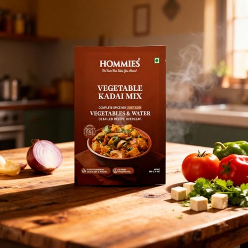 Image of Hommies Vegetable Kadai sabji Masala Spice Mix | Ready to Cook in 15 mins | Made with Cashew Nuts | Just Add vegetable and Water | Serves 4 | No Preservatives | 50 gm each (Pack of 4)