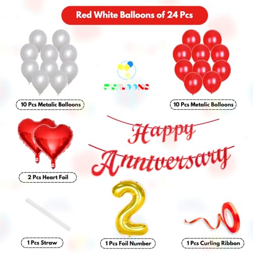 Image of Flyloons 2nd Happy Anniversary Decoration Items Red White for Men Women Husband Wife Mom Dad Parent Couple Home Bedroom Car With 20 Pcs Metallic Balloons Anniversary Banner 2 Pcs Heart Set Kit