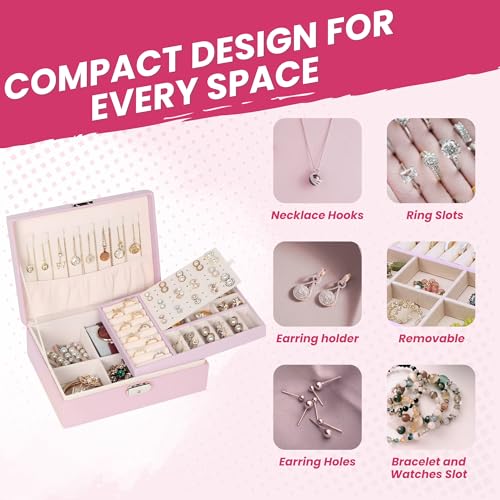 Image of OCEANEVO Jewellery Organiser Box WITH Makeup Sponge, Jwell Organizer Storage Box with Lock, Earrings, Necklace Organizer for Women - 23 x 17 x 8.5 Cm - Pink - 1 Year Warranty