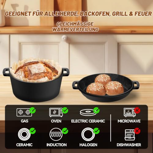 Foto von NZQXJXZ Gusseisen Topf Dutch Oven 26cm, Brotbacktopf mit Deckel zum Brotbacken, 2-in-1 Brotbackform & Bratpfanne, 4,7L Gusseisentopf für Sauerteigbrot