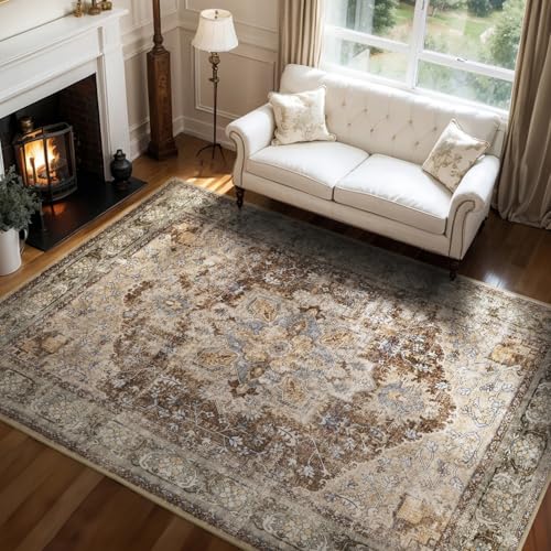 Sepia Brown Washable 5x7 Area Rug Non-Slip Vintage Medallion