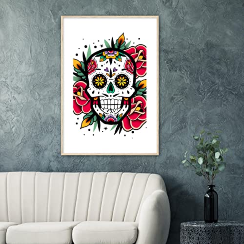 Décoration murale florale haut de gamme impression tête de mort roses et cadre bois