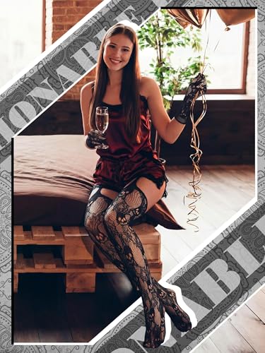 Image of Geyoga 2 Pcs Lace Fishnet Stockings Tights Floral Gloves Black Suspender Pantyhose Long Gloves for Women Halloween Cosplay