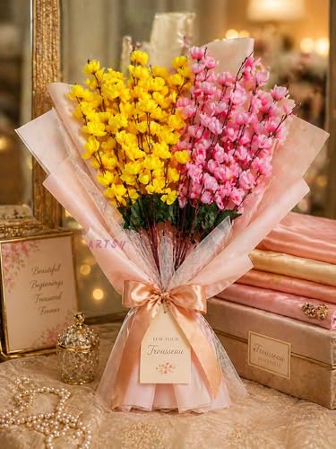 Image of ARTSY Artificial Flowers Bunch for Decoration Cherry Blossom, Ideal for vase, Home, Office Decor, Gifts, Craft, Artificial Plants for Decoration, Without vase, Yellow Pink, Combo, 2 Pieces