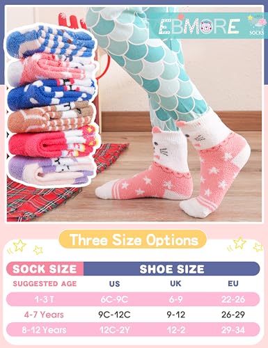 EBMORE Stoppersocken Kinder Kuschelsocken Mädchen Dicke Socken Warme Anti Rutsch Wintersocken Flauschige Bettsocken Geschenke Haussocken 6 Paare(Tier,22-26)