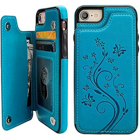 Vaburs Wallet Case for iPhone SE(2022) 5G/SE(2020)/7/8 with Card Holder, Embossed Butterfly Premium PU Leather Double Magnetic Buttons Flip Shockproof Protective Cover 4.7 inch (Blue) Cover