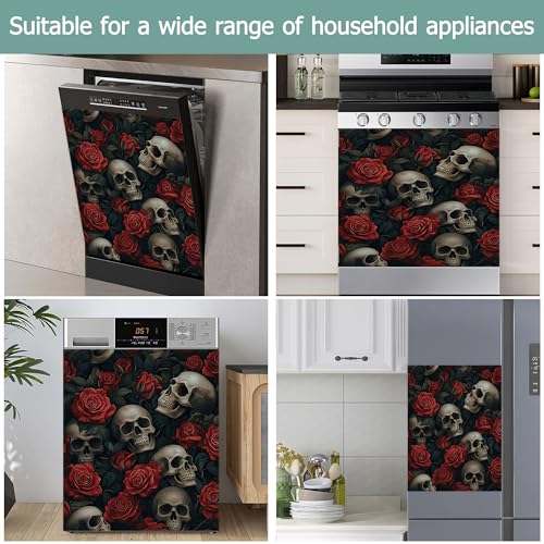 Image of Halloween Skull Refrigerator Magnet Cover,Gothic Red Rose Flower Washable Dishwasher Magnets Decorative Cover,Home Kitchen Decorative Dishwasher Front Panel Cover 23x26 Inch