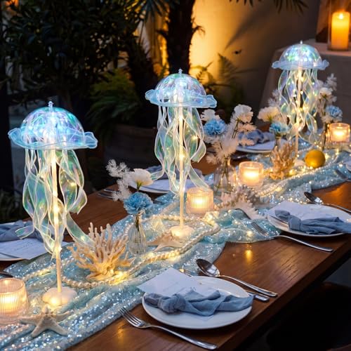 Hungdao 3 Pcs Jellyfish Lanterns Decorations with LED Lights 16.5 Stand Glowing Jellyfish Table Decor Centerpiece for Ocean Under the Sea Theme Birthday Party Mermaid Party Nautical Decor