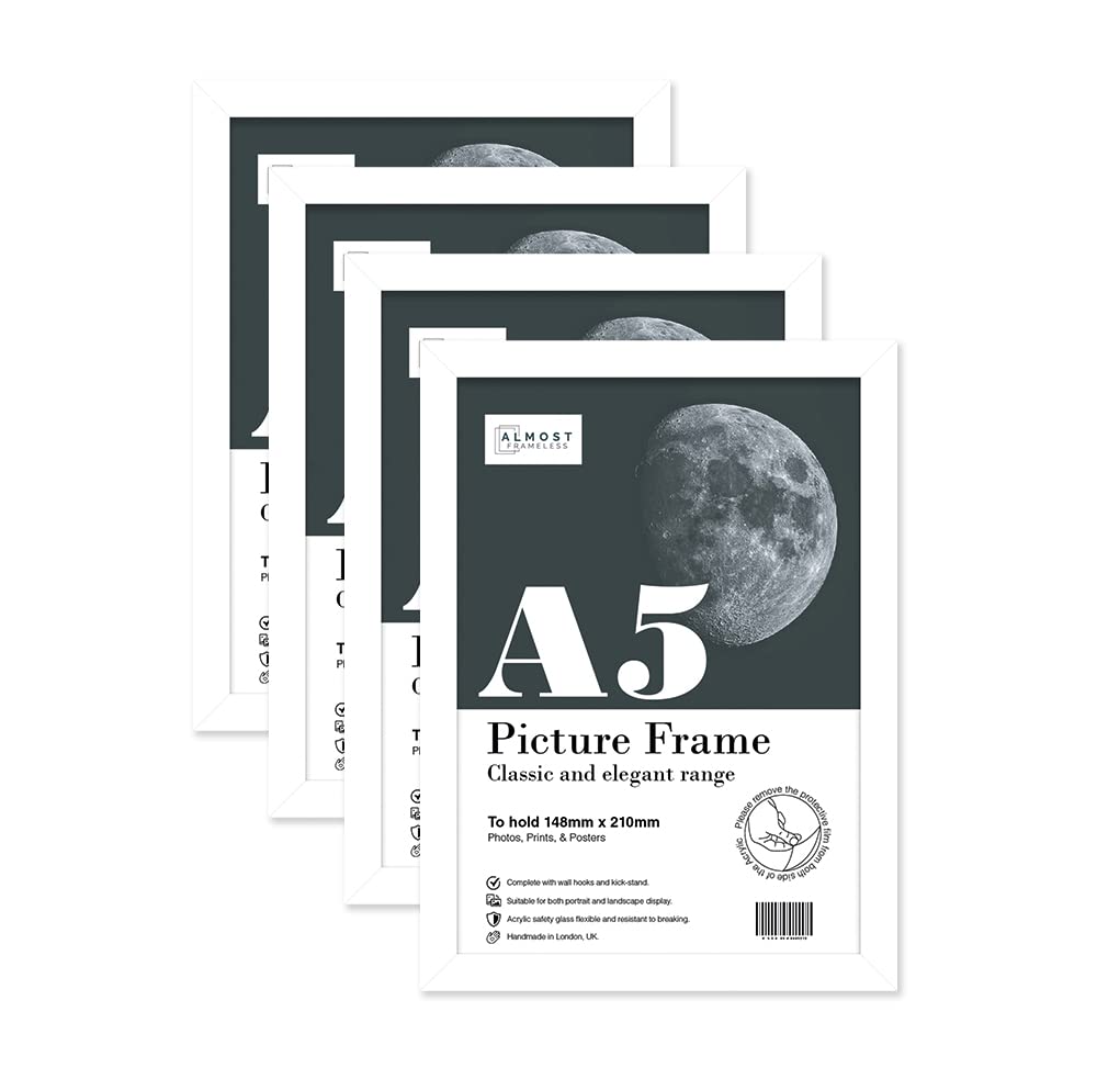 Almost Frameless A5 White Picture Frame Set of 4, Display A5 Picture Gallery Wall, Poster, Photo, Artwork, or Print, White