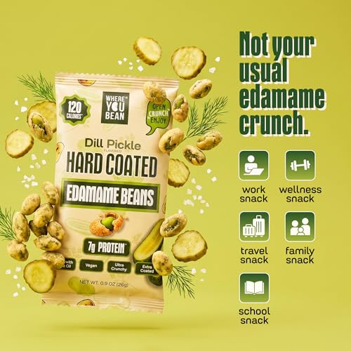 Image of Where You Bean Hard Coated Edamame Beans Snack (Dill Pickle) - Crunchy and Roasted Edamame Beans Snack - Vegan, Plant Based Protein, Keto Friendly & Healthy Snacks for Adults 0.9 oz (Pack of 8)