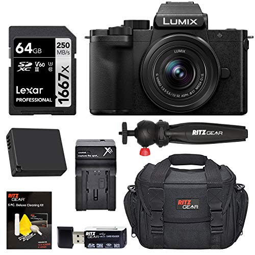 Panasonic DC-G100KK LUMIX G100 Mirrorless 4K Vlogging Camera with 12-32mm F3.5-5.6 Lens, Spare Battery, Ritz Gear Camera Bag + Travel Tripod + Lexar 1667x 64GB Memory Card & Accessories
