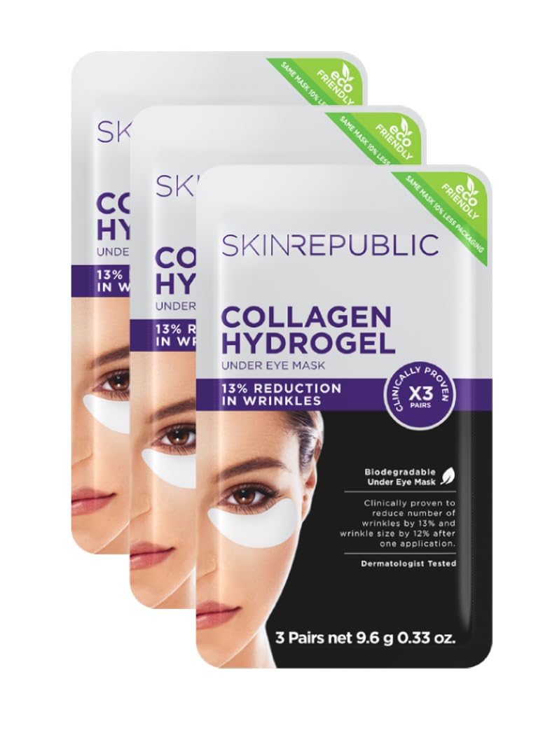 Skin Republic Collagen Hydrogel Under Eye Patches (9 Pairs) – Eye Mask with Green Tea & Aloe Vera, Reduces Wrinkles, Puffiness & Dark Circles, Hydrates, Repairs Skin & Protects from Free Radicals