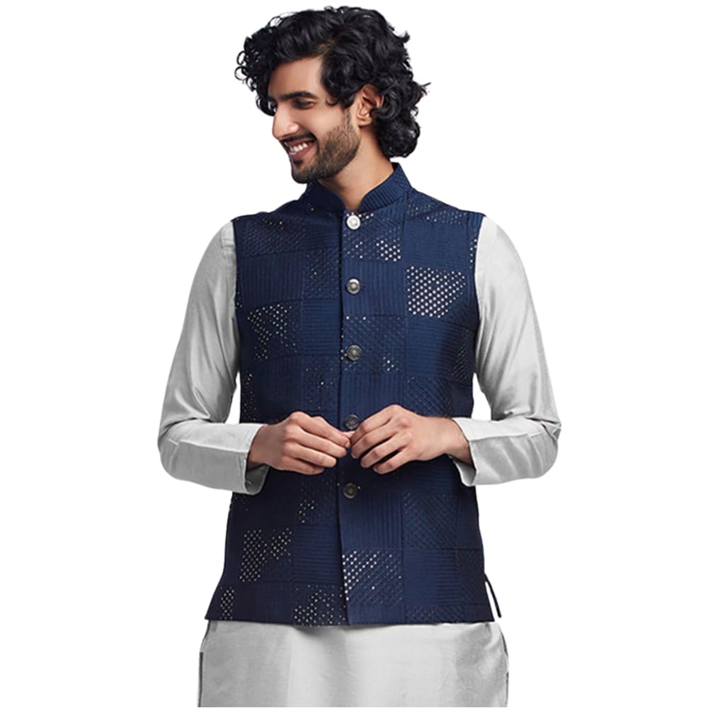 kisah Men's Nehru Jacket, Navy Blue Cotton Blend, Embellished Regular Fit Mandarin Collar Sleeveless-picture-20