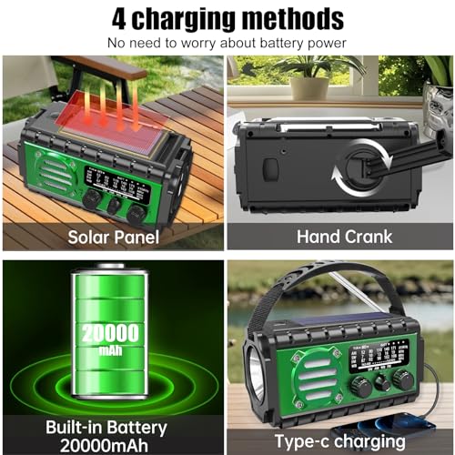 Image of 20000mah Hand Crank Emergency Radio,SW /NOAA /AM /FM Weather Radio, Solar Powered Hand Crank Chager with Bige Batery Powered,Portable,Cellphone Charge,SOS,Flashlight for Emergency (XSY-350-Army Green)