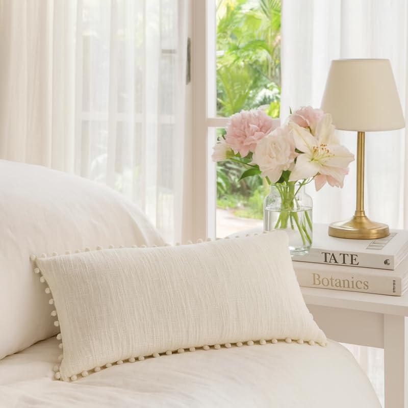 WWW.THROWPILLOW.IN White Pom Pom Cushion Cover, Cotton Basketweave Neutral Solid Throw Pillow, Ivory Boho Modern Minimalist Home Décor Rectangle Cushion 12x20 Inches Cushion Cover with Cushion Filler