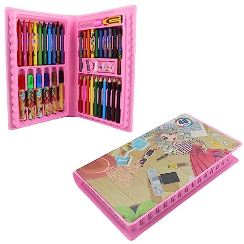 Genérico Kit Escolar Maleta 48 Peças Rosa, Estojo Pintura Desenhar