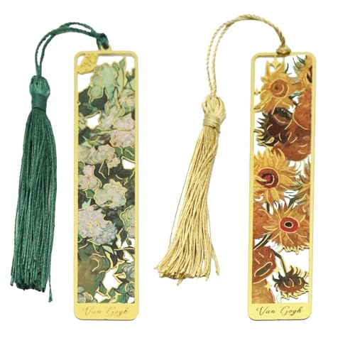 Lilbitty 2 Stück Metall-Lesezeichen im Retro-Ölgemälde-Stil, Personalisiertes Bookmark mit Quaste und floralem Design