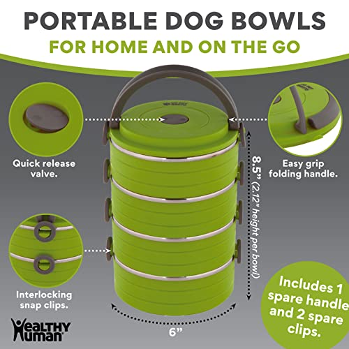 Healthy Human Travel Dog Bowls Stainless Steel Go Pet Bento Bowls | Stackable Dog Food Bowls | Leak Proof Portable Water Bowls | Set Of 2 Interlocking Green Bowls, 2 Spare Clips, 1 Spare Handle #TOP3
