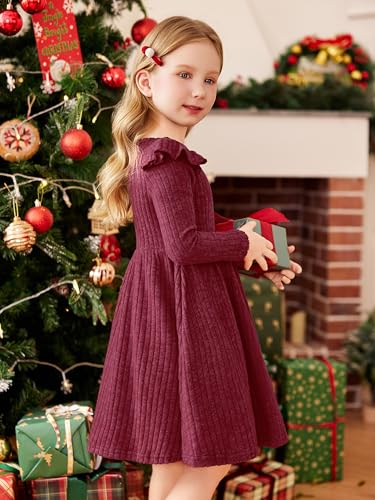 Arshiner Toddler Girl Dress Baby Girls Knitted Ruffle Sleeve Pocket Dresses A-Line Flared Fall Winter Clothes for 2-8 Years4