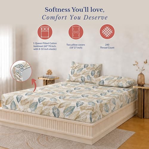 Image of Jaipur Weaves Queen Size Fitted Bedsheet Cotton with Elastic, 100% Pure Cotton Double Bed Fitted Sheet with 2 Pillow Covers, 240 TC, 60x78 Inches up to 8-inch Mattress, Leafy Design - (Grey Olive)