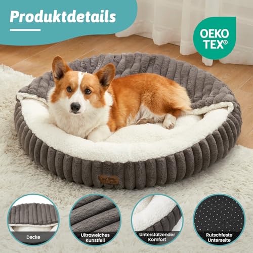 COZY KISS Katzenbett mit Decke 66x66x18cm - Flauschige Große Katzenhöhle - Kissen, Runde mittelgroße Hundebett mit Rutschfester Unterseite, Katzensofa mit Kopfstütze aus Kunstfell, Waschbares, Grau