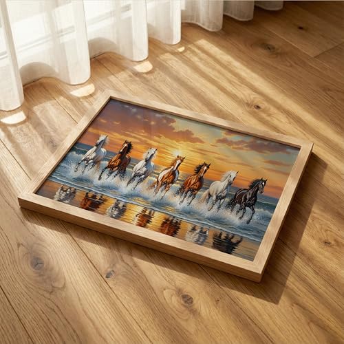 Image of Suneree 7 Horse Vastu Wall Painting - Running Horses Sunset Beach Landscape Framed Wall Art for Living Room & Office Decor (Natural, Design 10, 13x19 Inch)