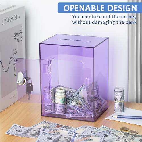 Image of Clear Piggy Bank for Adults Kids, Large Acrylic Piggy Bank Money Saving Box for Cash Saving with Key, Openable Clear Acrylic Savings Jar for Real Money (Purple)