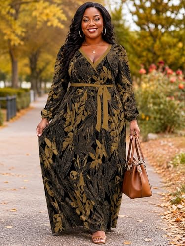 Image of PinkPatty Women's Long Sleeve Maxi Dress Plus Size Casual V Neck Wrap Dress with Pockets&Belt