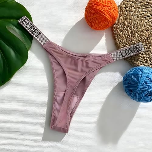Image of Women's Lace Thong Panty with Rhinestone Strap, Ice Silk Hipster Bikini Brief, Breathable Underwear for Bridal, Honeymoon, Beach Wear and Daily Use