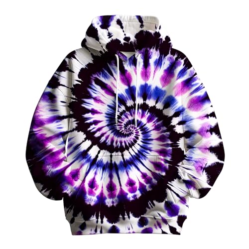 TZQPSJW Unisex Purple and Black Tie Dye Hoodie Hooded Sweatshirt Kangaroo Pocket Pullover Hoodies for Men Women Adult Large