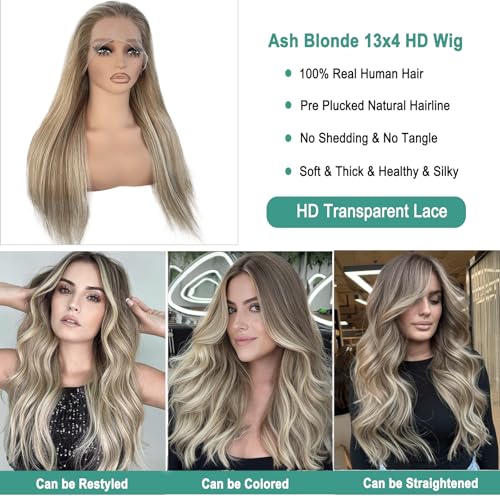 Image of Munx 13x6 HD Lace Front Human Hair Wigs for Women Ombre Highlight Light Brown Mixed Ash Blonde Colored Lace Frontal Wig 180% Density Thick 100% Remy Virgin Hair Wigs Bleached Konts with Baby Hair 26 inch